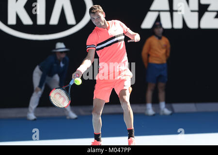 Melbourne, Australie. 19 Jan, 2018. La joueuse de tennis bulgare Grigor Dimitrov est en action au cours de son 3e tour à l'Open d'Australie contre le joueur de tennis russe Andreï Roublev le Jan 19, 2018 à Melbourne, Australie.- Crédit : Yan Lerval/Alamy Live News Banque D'Images