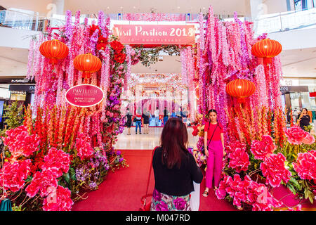 Kuala Lumpur, Malaisie. 19 Jan, 2018. Une femme pose pour des photos en face de la décoration nommé "rêve de prospérité Jardin' qui est situé à saluer la prochaine Nouvelle Année lunaire chinoise au centre commercial Pavilion à Kuala Lumpur, Malaisie, le 19 janvier 2018. Credit : Zhu Wei/Xinhua/Alamy Live News Banque D'Images