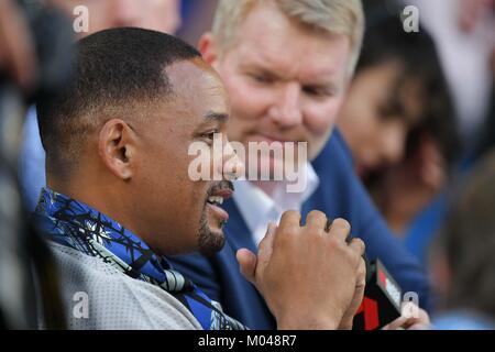 Melbourne, Australie. 19 Jan, 2018. Will Smith acteur regarde un match 3ème tour entre Nick Kyrgios de l'Australie et l'Open de Paris-bercy de France le jour 5 de l'Australian Open 2018 Tournoi de tennis du Grand Chelem à Melbourne, Australie. Credit : Cal Sport Media/Alamy Live News Banque D'Images