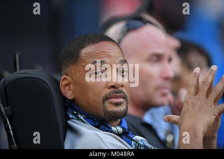 Melbourne, Australie. 19 Jan, 2018. Will Smith acteur regarde un match 3ème tour entre Nick Kyrgios de l'Australie et l'Open de Paris-bercy de France le jour 5 de l'Australian Open 2018 Tournoi de tennis du Grand Chelem à Melbourne, Australie. Credit : Cal Sport Media/Alamy Live News Banque D'Images