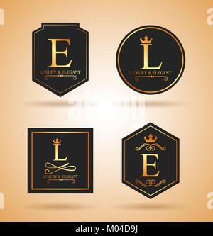 Set de badges et autocollants d'or de luxe s'épanouit royal ornement calligraphique Illustration de Vecteur