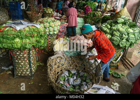 Traders trier & re-pack légumes amenés de zones de montagne,Mantalongon,Marché,Badian de Cebu. Banque D'Images