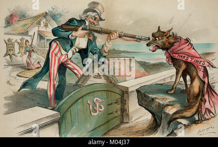 Cacher un autre à prendre - Imprimer montre un loup portant une cape rouge marqués 'Hard Times 1893', debout sur un rocher à l'extérieur d'un gate marqués 'États-unis' avec l'Oncle Sam debout à l'intérieur de la porte et en pointant un fusil marqués 'Revival' d'affaires au loup ; accroché au mur d'un bâtiment à l'arrière-plan sont les cuirs marqués 'Hard Times 1819, Hard Times 1837, les temps difficiles, 1857 et 1873 des temps difficiles'. Colombie-britannique, portant un fusil portant la mention "prospérité", s'empresse d'aider l'Oncle Sam. Caricature politique, 1894 Banque D'Images