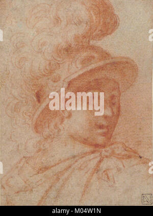 Ce buste, de la collection MET, représente un guerrier avec un casque à plumes, regardant vers le spectateur par-dessus son épaule droite. Le dos présente un croquis d'une jambe, présentant une étude détaillée de la sculpture classique. Banque D'Images