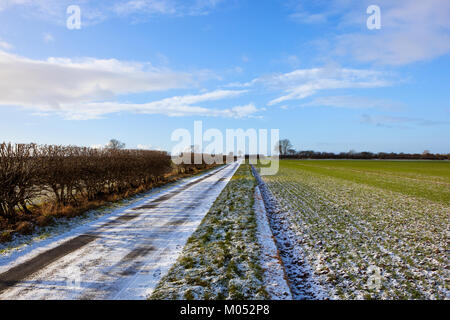 Une route de campagne enneigée tout droit avec une haie d'aubépine à côté d'un champ de blé d'hiver sous un ciel bleu nuageux dans le Yorkshire Wolds Banque D'Images