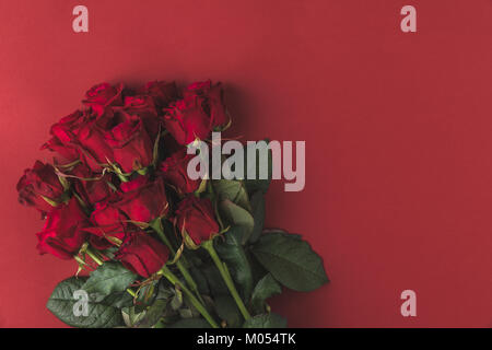 Vue de dessus du bouquet de roses rouges avec des feuilles vertes sur rouge isolé Banque D'Images