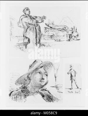 Ce dessin de carnet de croquis, intitulé 'buste d'une jeune femme avec chapeau, verre de vin', est une pièce d'un artiste anonyme dans la collection du Metropolitan Museum of Art. L’œuvre explore le portrait et l’interaction délicate de la lumière et de l’ombre. Banque D'Images