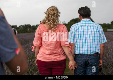 Londres, Royaume-Uni - 21 juin 2017 champ de lavande à Mayfield Lavender Farm sur le Surrey Downs. Focus sélectif. Les gens posent un photographe. Banque D'Images