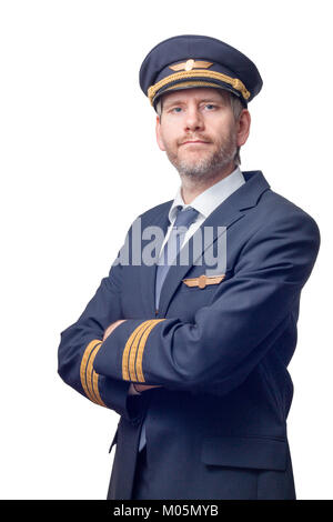 Projet pilote en uniforme avec des rayures d'or et cap croisa les bras Banque D'Images