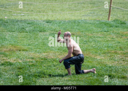 Peuple turc non identifiés d'huile huile.effectuer wrestling lutte ou de graisse (lutte Yagli Gures) est le sport national turc.Istanbul,Turquie,Mai 13 201 Banque D'Images