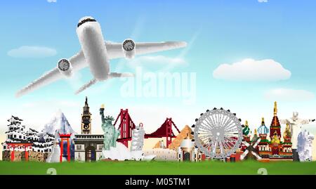 Vol d'un avion sur sky over world monument Illustration de Vecteur