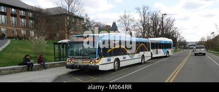 Une scène montrant des bus transportant des étudiants à l'Université Cornell, une université de l'Ivy League située à Ithaca, New York. Les autobus jouent un rôle essentiel dans le transport sur le campus, aidant les étudiants à se déplacer quotidiennement. Banque D'Images