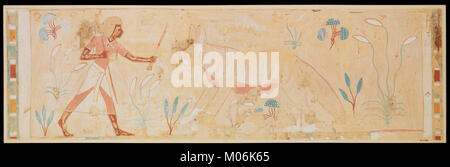 Cette couverture MET représente une illustration historique d'un homme confronté à une hyène du tombeau d'Amenemhab, mettant en évidence l'art égyptien antique et des scènes narratives. Banque D'Images