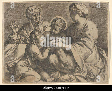 La Madone et l'enfant avec les Saints Elizabeth et Jean le Baptiste (Madonna della Scodella), l'assise Marie et l'enfant Christ tenir une tasse à partir de laquelle le jeune Jean-baptiste boissons, Elizabeth ascenseurs deux mains réunies DP832192 Banque D'Images