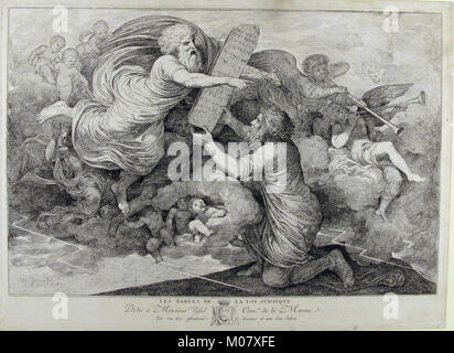 Une représentation de Moïse recevant les dix Commandements sur le mont Sinaï, illustrant le récit biblique, l'importance religieuse et l'art historique. Banque D'Images