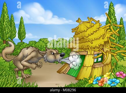 Trois petits cochons Grand Loup Blowing down House Illustration de Vecteur