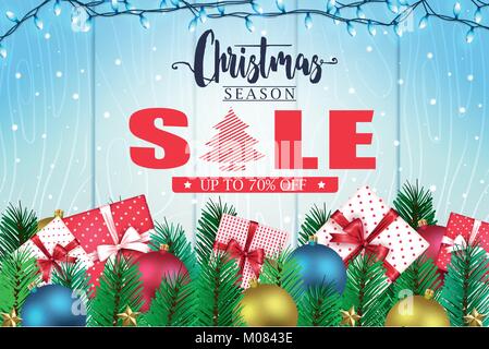 Saison de Noël Vente bannière en arrière-plan en bois bleu avec des chutes de neige, Les Lumières de Noël, cadeaux, boules, étoiles et feuilles de pin Design Promotionnel Illustration de Vecteur