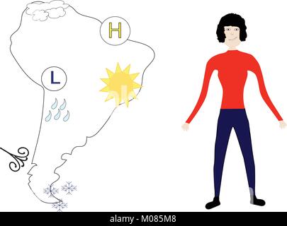 Météo debout devant l'Amérique du Sud carte avec icônes météo. Illustration de Vecteur