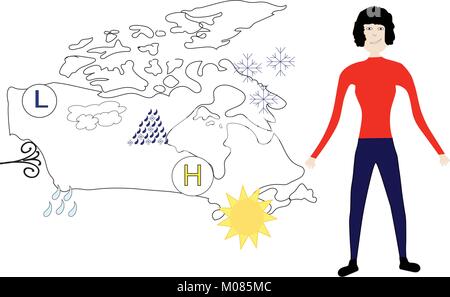 Météo debout devant du plan avec les icônes météo. Illustration de Vecteur