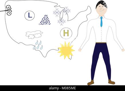 Météo debout devant nous la carte météo avec icônes. Illustration de Vecteur