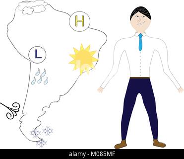 Météo debout devant l'Amérique du Sud carte avec icônes météo. Illustration de Vecteur