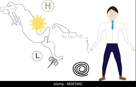 Météo debout devant la carte du Mexique et l'Amérique centrale avec les icônes météo. Illustration de Vecteur