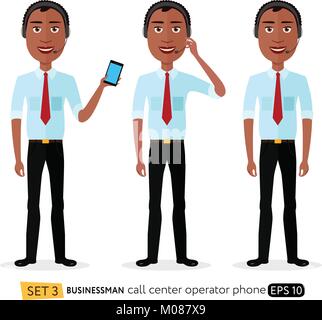 African American male call center de l'opérateur pour maintenir le téléphone télévision style moderne isolé sur fond blanc. Illustration de Vecteur