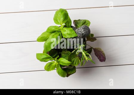 Mélange de fines herbes dans la pierre mortier sur table en bois blanc Banque D'Images