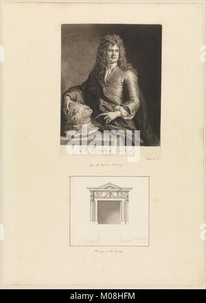 Feuille d'Aedes Walpolianae monté avec un print et un dessin (a)- Portrait de Grinling Gibbons ; (b) au Salon Cheminée, Houghton Hall, Norfolk RENCONTRÉ DP313141 Banque D'Images