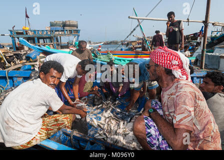 Un groupe de pêcheurs sur un bateau de préparer le poisson en vente dans le célèbre marché aux poissons de la ville le 12 mai 2007 à Al Hudaydah, Yémen. Banque D'Images