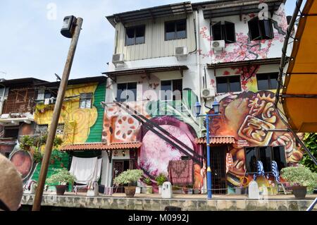 L'art de rue le long de la rivière Melaka, Malacca, Malaisie Banque D'Images