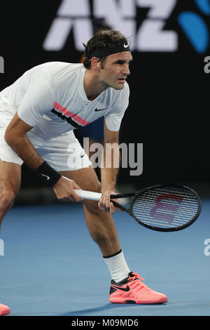 Melbourne, Australie. 20 Jan, 2018. Le joueur de tennis suisse Roger Federer est en action au cours de son 3e tour à l'Open d'Australie contre le joueur de tennis français Richard Gasquet le Jan 20, 2018 à Melbourne, Australie.- Crédit : Yan Lerval/Alamy Live News Banque D'Images