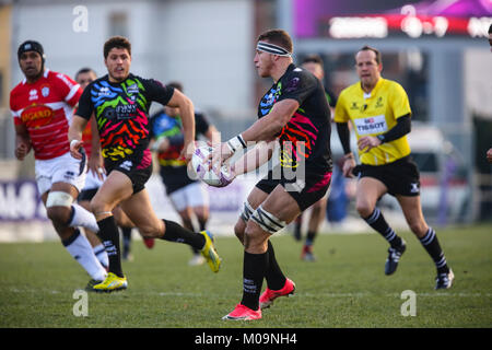 Parme, Italie. 20 Jan, 2018. Zebre's flanker Giovanni Licata passe le ballon dans le match contre Agen en Challenge Cup 2017/18 incident enregistrées. Credit : Massimiliano Carnabuci/Alamy Live News Banque D'Images