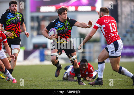 Parme, Italie. 20 Jan, 2018. Zebre's flanker Johan Meyer porte le ballon dans le match contre Agen en Challenge Cup 2017/18 incident enregistrées. Credit : Massimiliano Carnabuci/Alamy Live News Banque D'Images