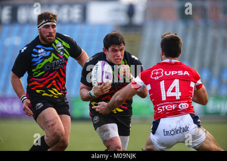 Parme, Italie. 20 Jan, 2018. La Zèbre hooker Oliviero Fabiani se prépare à l'impact dans le match contre Agen en Challenge Cup 2017/18 incident enregistrées. Credit : Massimiliano Carnabuci/Alamy Live News Banque D'Images