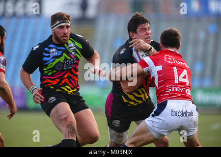 Parme, Italie. 20 Jan, 2018. La Zèbre hooker Oliviero Fabiani se prépare à l'impact dans le match contre Agen en Challenge Cup 2017/18 incident enregistrées. Credit : Massimiliano Carnabuci/Alamy Live News Banque D'Images