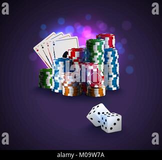 Illustration vecteur de poker, pile de jetons de poker, cartes de ace bokeh sur fond violet, deux dés blancs sur le premier plan. Jeux en ligne casino winner po Illustration de Vecteur