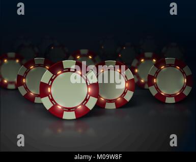 Jetons de poker casino vecteur avec feux lumineux éléments. Arrière-plan foncé, surface brillante. Couleur blanc et rouge. Groupe d'objets avec ombre Illustration de Vecteur