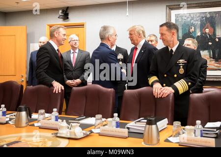 Le Président américain Donald Trump parle avec le Vice-président du Comité des chefs d'état-major général Paul Selva, centre, au cours d'une réunion avec le secrétaire à la Défense, James Mattis et des dirigeants militaires au Pentagone le 18 janvier 2018 à Arlington, en Virginie. Banque D'Images