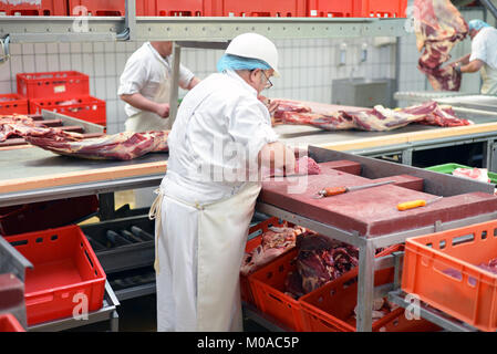 Boucher travaille dans un abattoir et des coupes de viande fraîchement abattu (bœuf et porc) pour la vente et l'autre traitement que la saucisse Banque D'Images