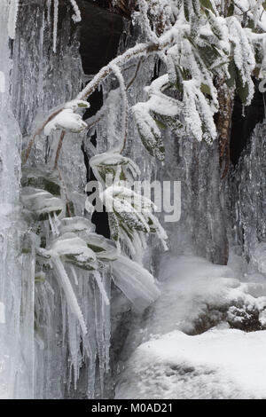 Froide journée d'hiver. L'écoulement de l'eau brouillée avec cascade, rochers dans un ruisseau ou un cours d'eau. Banque D'Images