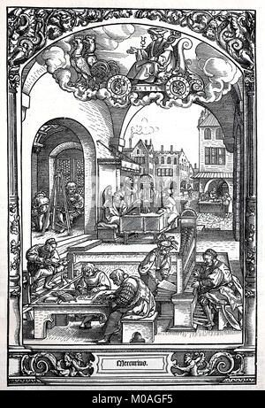 La vie urbaine en Allemagne dans la première moitié du 16ème siècle, la représentation des diverses professions et des successions, marchand, écrivain, organiste Artz, astrologue, peintre numérique, l'amélioration de la reproduction d'un original de l'année 1880 Banque D'Images