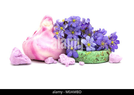 L'établissement Spa aromathérapie naturel : savon, shampoing à base de plantes sèches, bains moussants et fleurs de printemps Banque D'Images