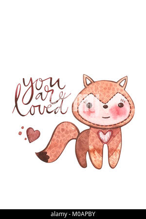 Cartes de Saint-Valentin avec Fox. Vous êtes aimés. Citation romantique pour la conception des cartes de vœux, tatouage, maison de vacances les invitations. Ensemble d'éléments Rose aquarelle pour la Saint-Valentin. Éléments de conception d'album. Banque D'Images