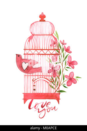 Cartes de Saint-Valentin avec cage à oiseaux avec des fleurs. Vous aime. Citation romantique pour la conception des cartes de vœux, tatouage, maison de vacances les invitations. Ensemble d'éléments Rose aquarelle pour la Saint-Valentin. Banque D'Images