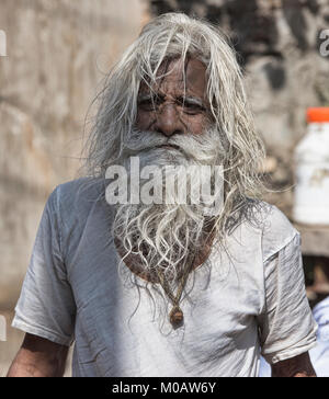 Baba vieux avec des cheveux blancs et barbe, Pushkar, Rajasthan, India Banque D'Images