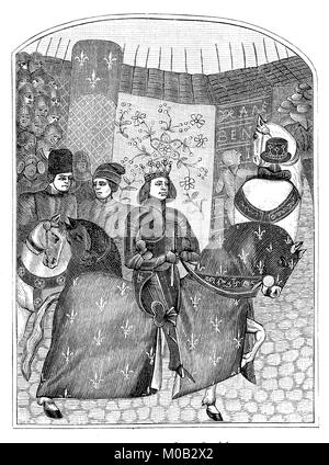 Charles VII le Victorieux, à cheval, le 22 février 1403 - Le 22 juillet 1461, a été roi de France de 1422 à 1461, miniature d'un manuscrit du 15ème siècle, l'amélioration numérique reproduction d'une estampe originale de 1880 Banque D'Images