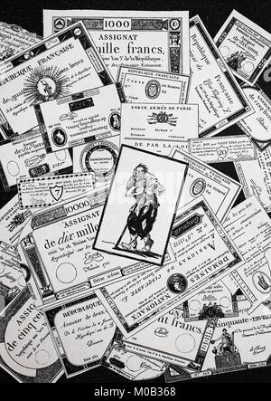 Assignats étaient monnaie de papier émise par l'Assemblée nationale en France de 1789 à 1796, au cours de la Révolution française, l'amélioration numérique reproduction d'une estampe originale de 1880 Banque D'Images