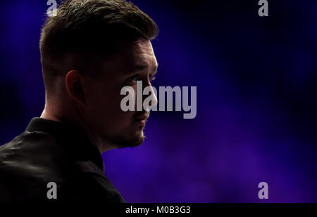 Kyren Wilson réagir pendant sept jours du Masters 2018 Dafabet à Alexandra Palace, Londres. ASSOCIATION DE PRESSE Photo. Photo date : Samedi 20 Janvier, 2018. Voir histoire de PA Masters de snooker. Crédit photo doit se lire : Steven Paston/PA Wire Banque D'Images