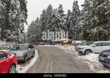 ELATI,TRIKALA/GRÈCE-JANVIER 13,2018:voitures garées à l'extérieur de la ville de Trikala GRÈCE Elati lors de fortes chutes de neige. Banque D'Images